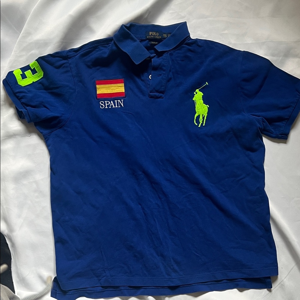 Polo by Ralph Lauren Men's Blue Polo with Neon Green Logo